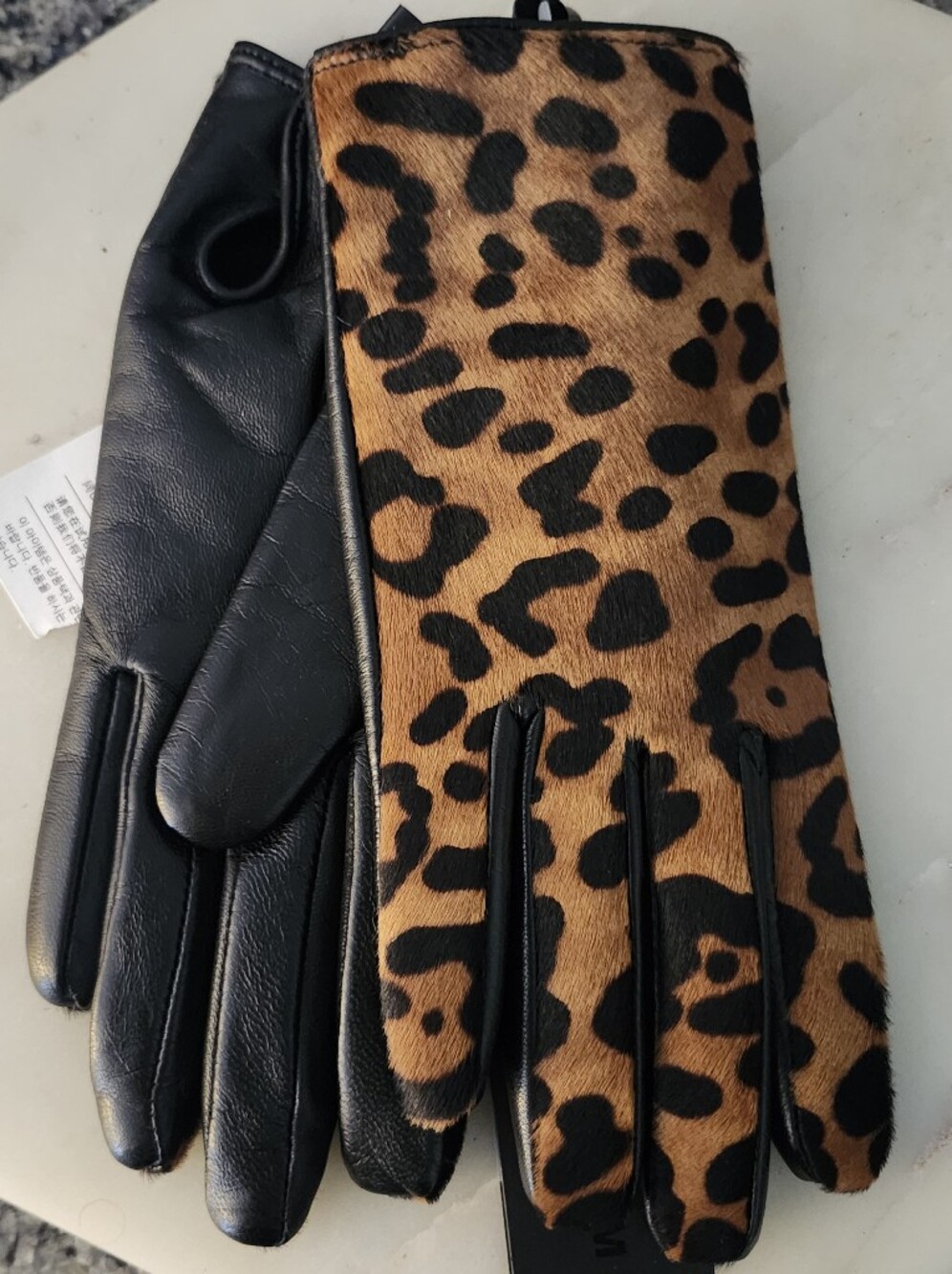 NWT Karl Lagerfeld Black & Leopard Print Women's Goat Nappa Leather Gloves